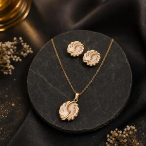 Gold-Plated Black Enamel Pendant & Stud Earrings Set for Women | K&P