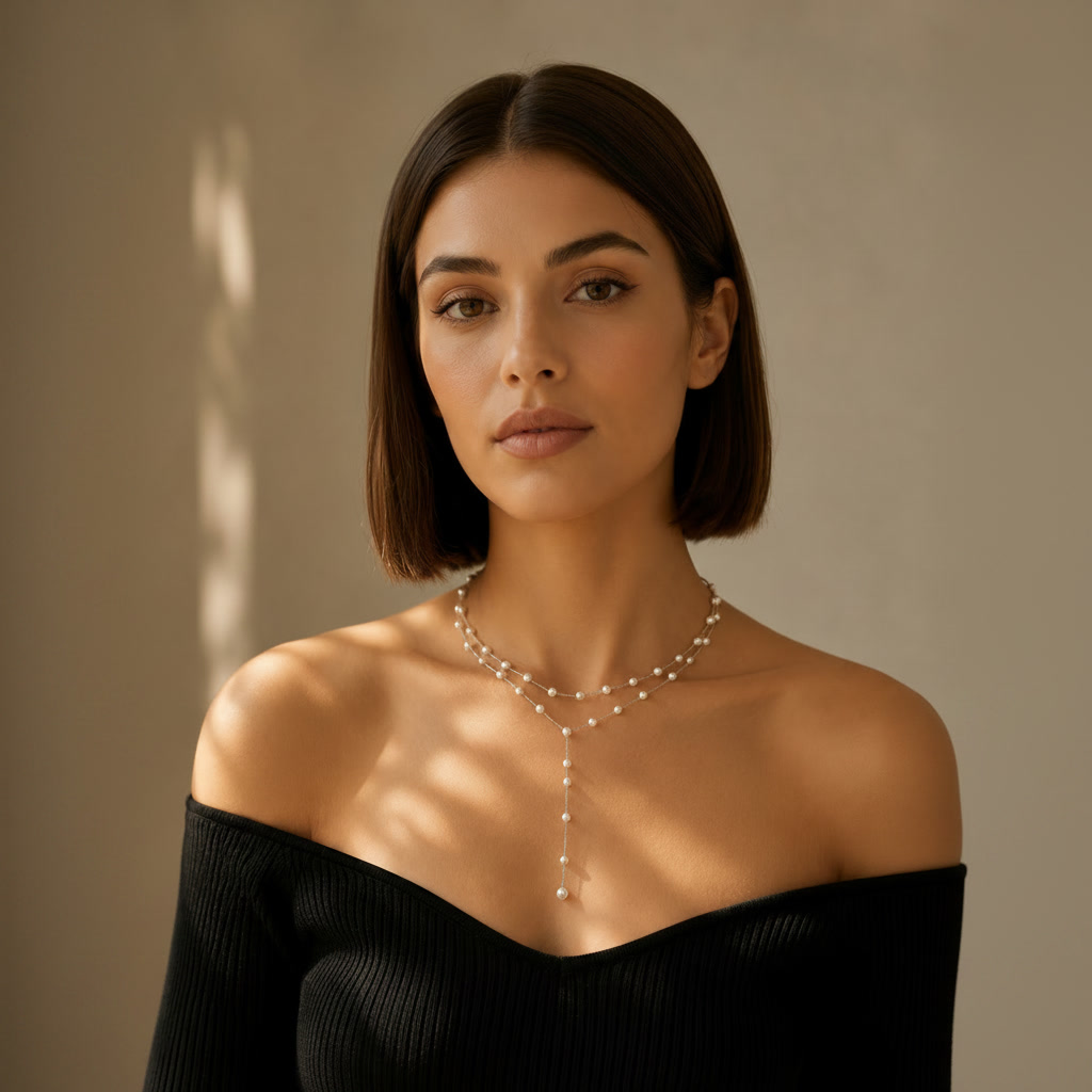 Second image of Elegant Double Layer Pearl Lariat Necklace