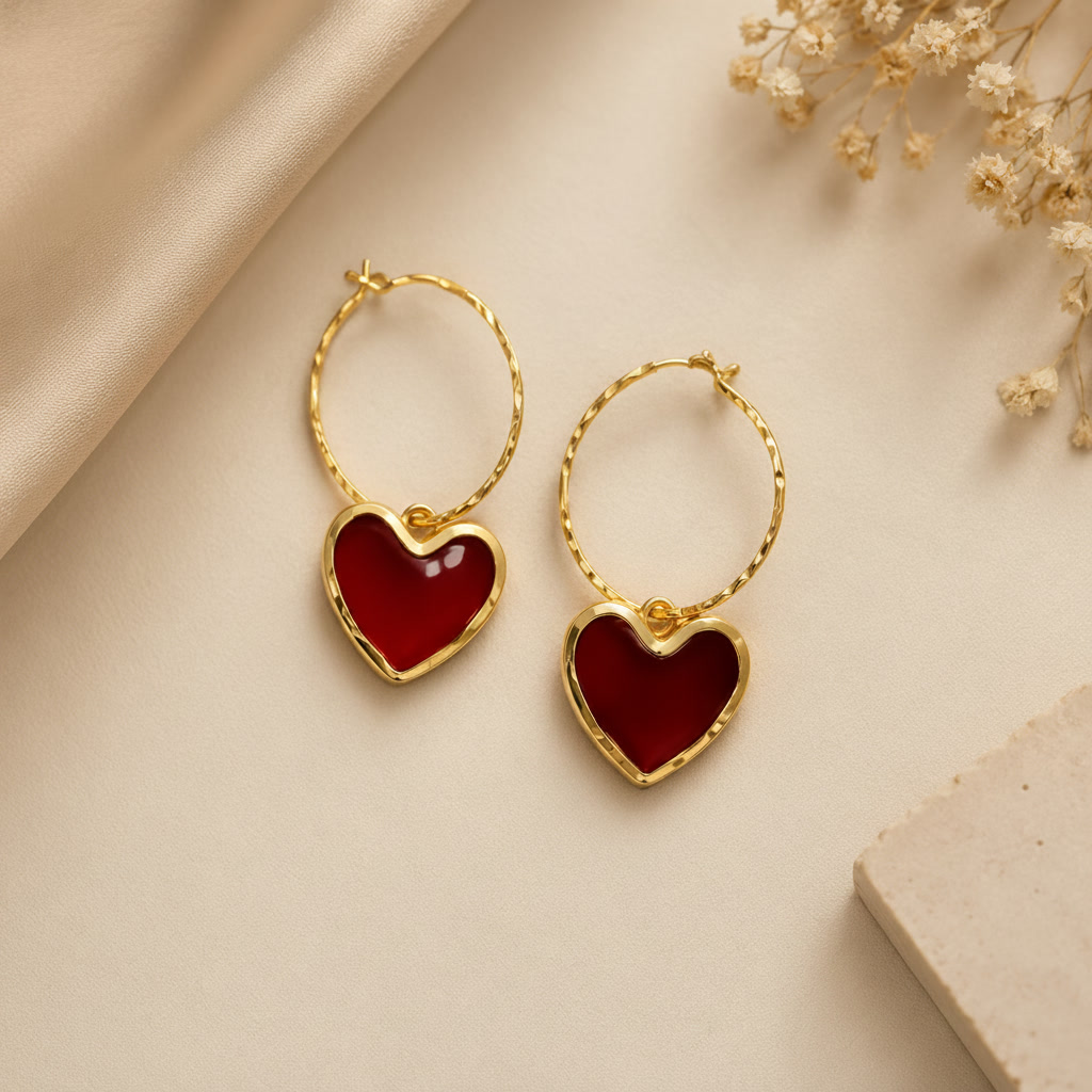Gold Plated Red Heart Hoop Earrings