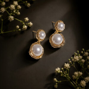 Elegant gold-plated pearl drop earrings with white pearls for women by K&P Jewellery.