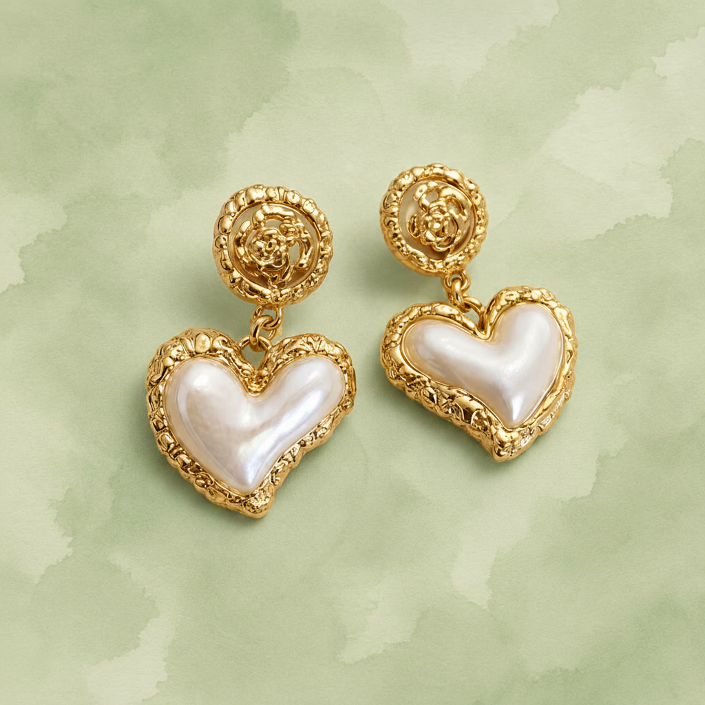 Golden Heart Pearl Drop Earrings