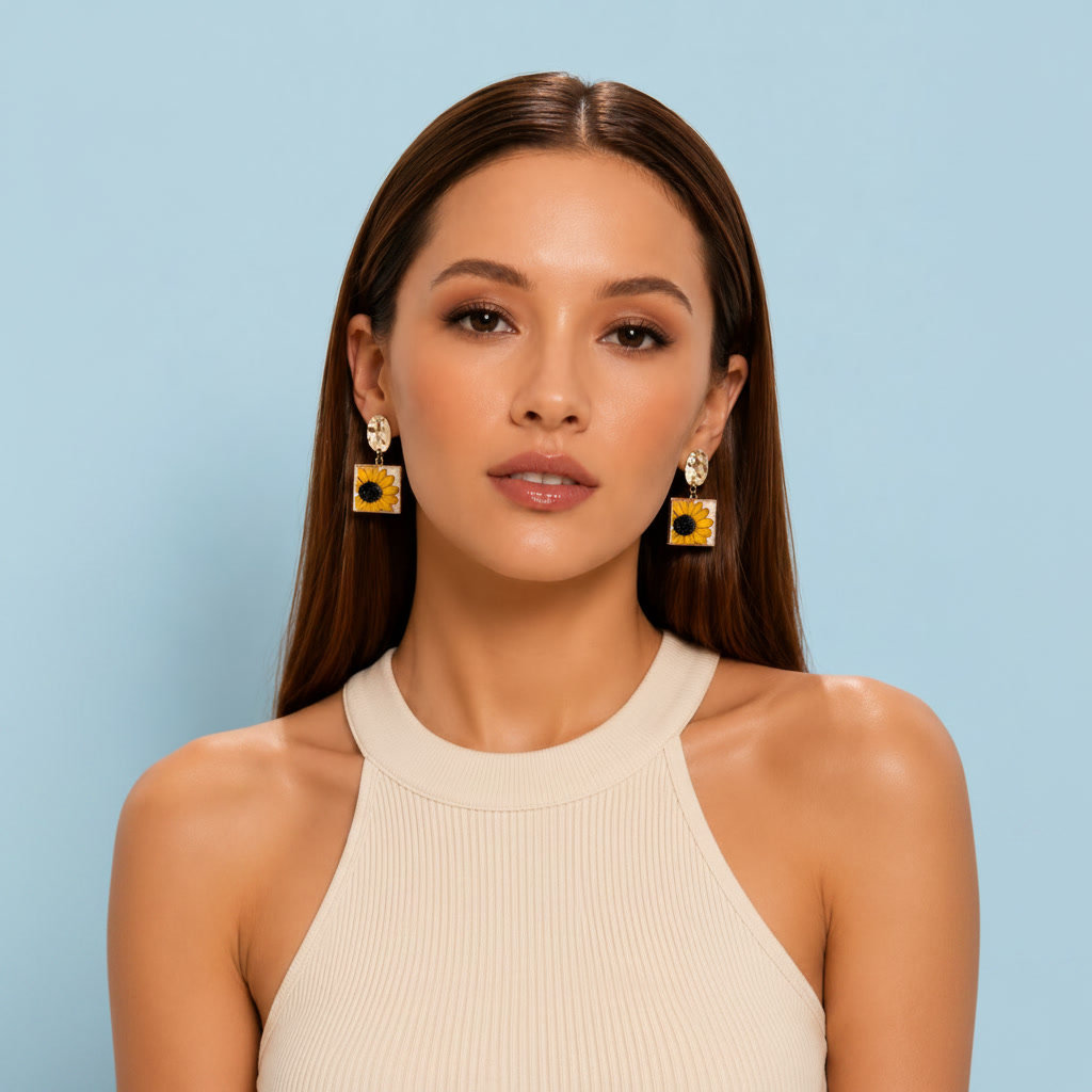 Second image of Sunflower Square Drop Earrings