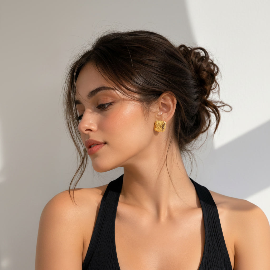 Second image of Hammered Gold-Tone Square Stud Earrings