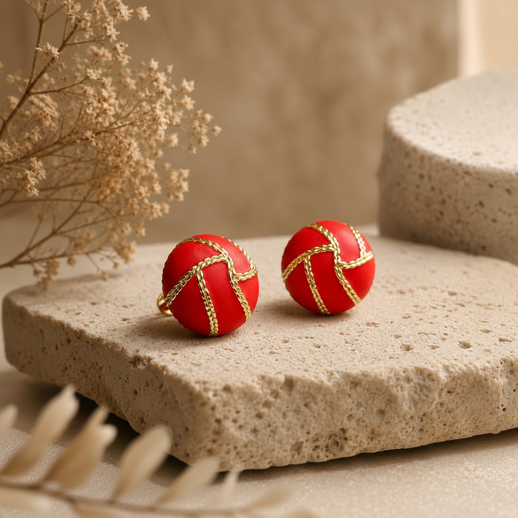 Handmade Red & Gold Polymer Clay Stud Earrings |