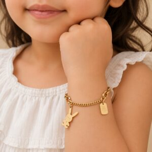 Shop adorable gold-tone clover charm bracelets for kids at K&P Fashion. Lightweight, adjustable,for birthdays, parties, festivals, and everyday wear.