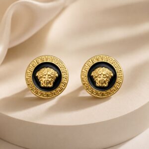 Luxury Gold Tone Medusa Black Stud Earrings for Women