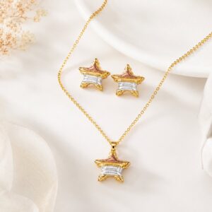 Stainless Steel Star Pendant Necklace and Stud Earrings Set for Women with Gold Finish