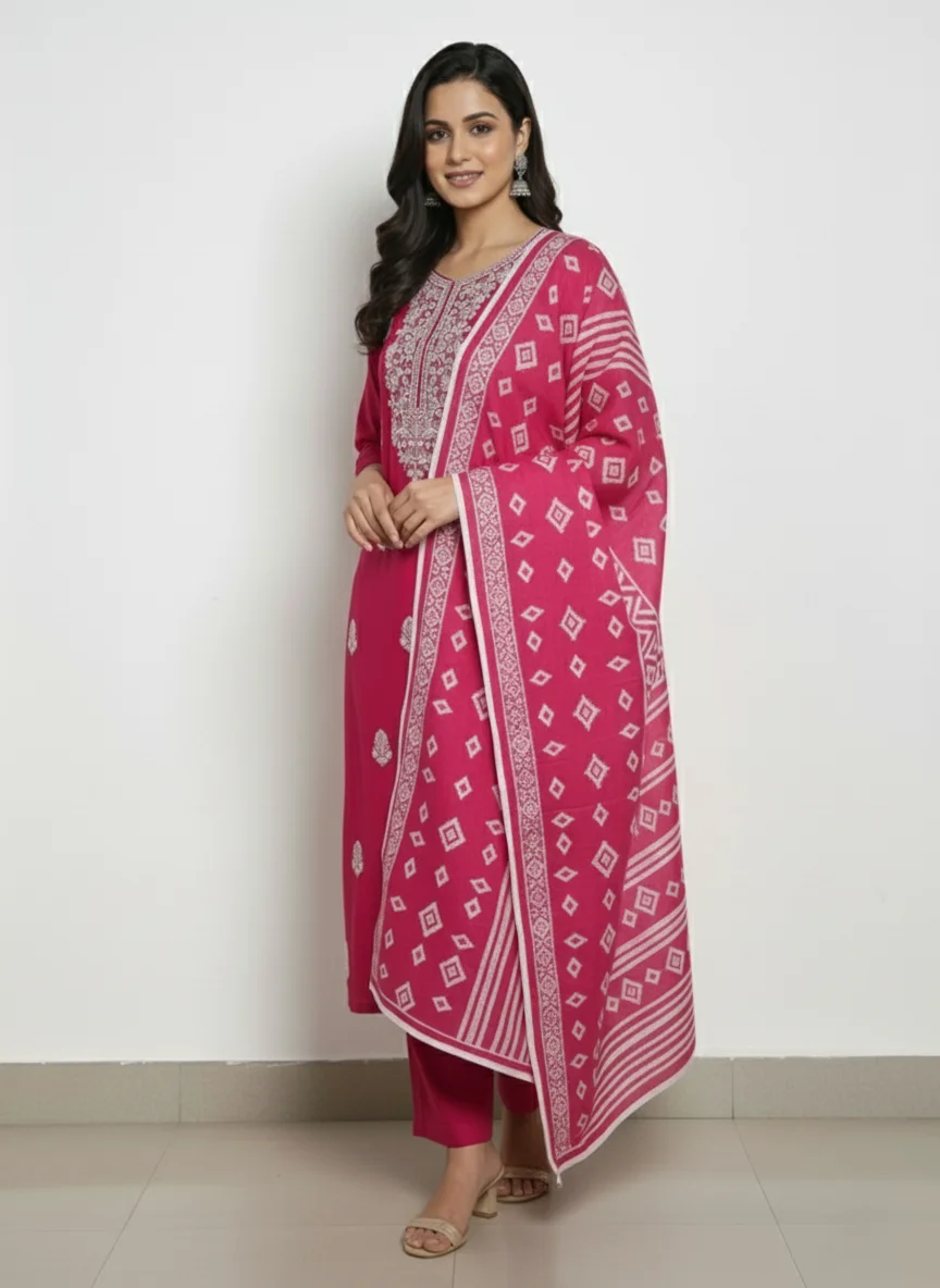 Second image of Rayon Kurti Set Combo – Pink & Mustard Duo