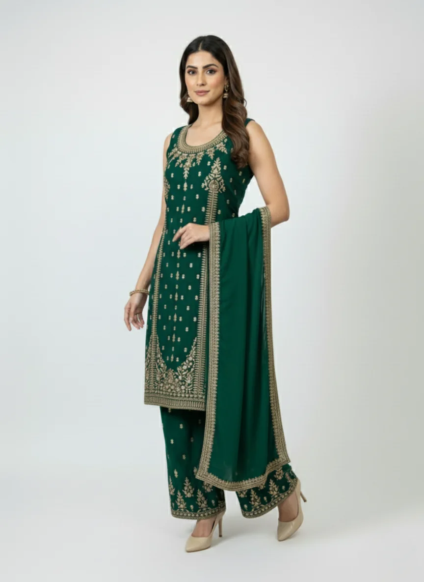 Second image of Green Sharara Suit Art Silk with Jari Work