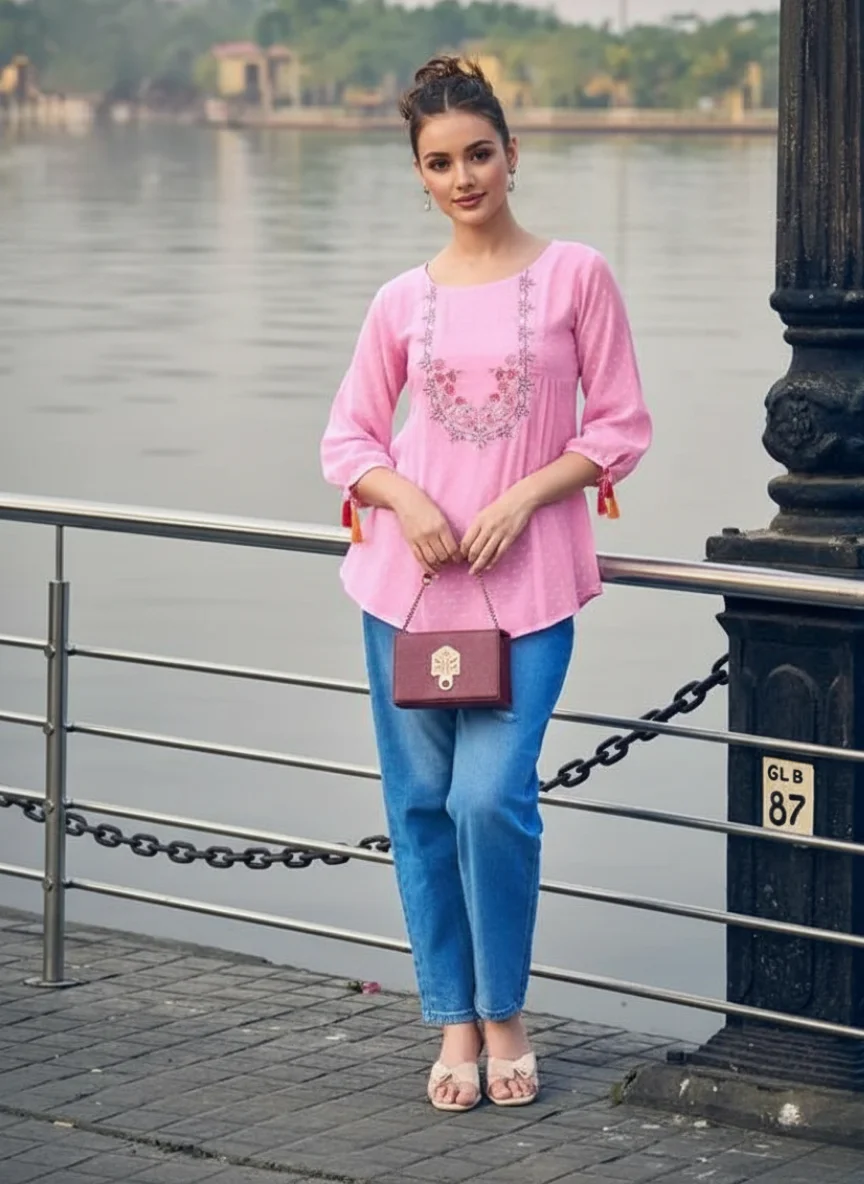 Second image of Casual Puff Sleeves Embroidered Pink Top