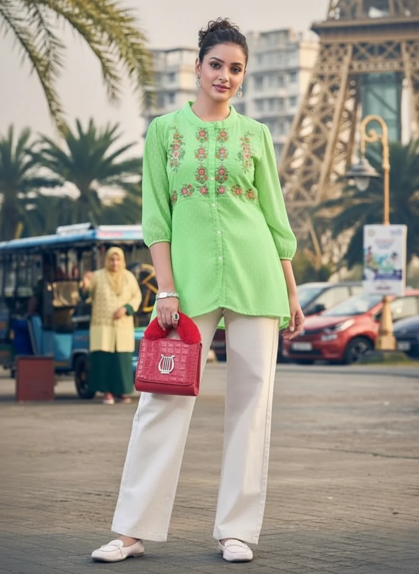 Second image of Casual Puff Sleeves Embroidered Green Top
