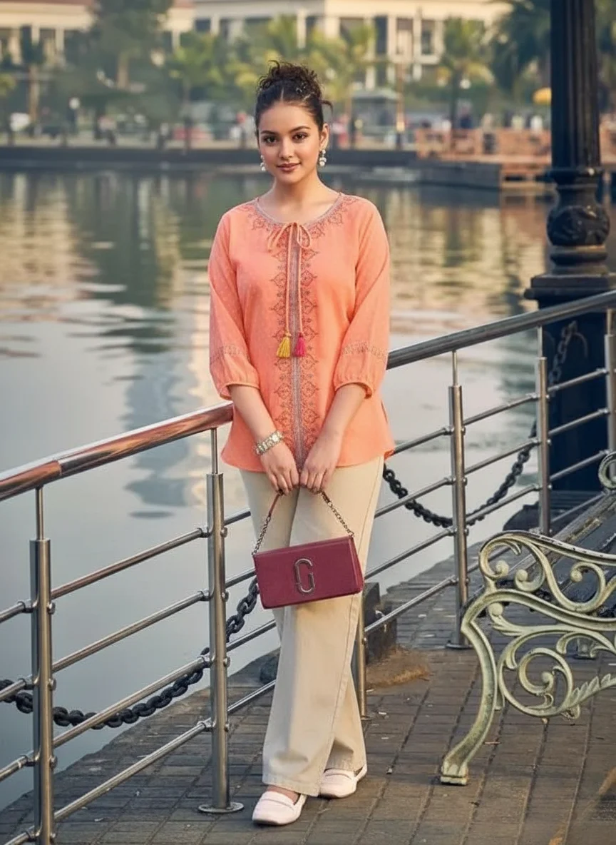 Second image of Casual Puff Sleeves Embellished Orange Top