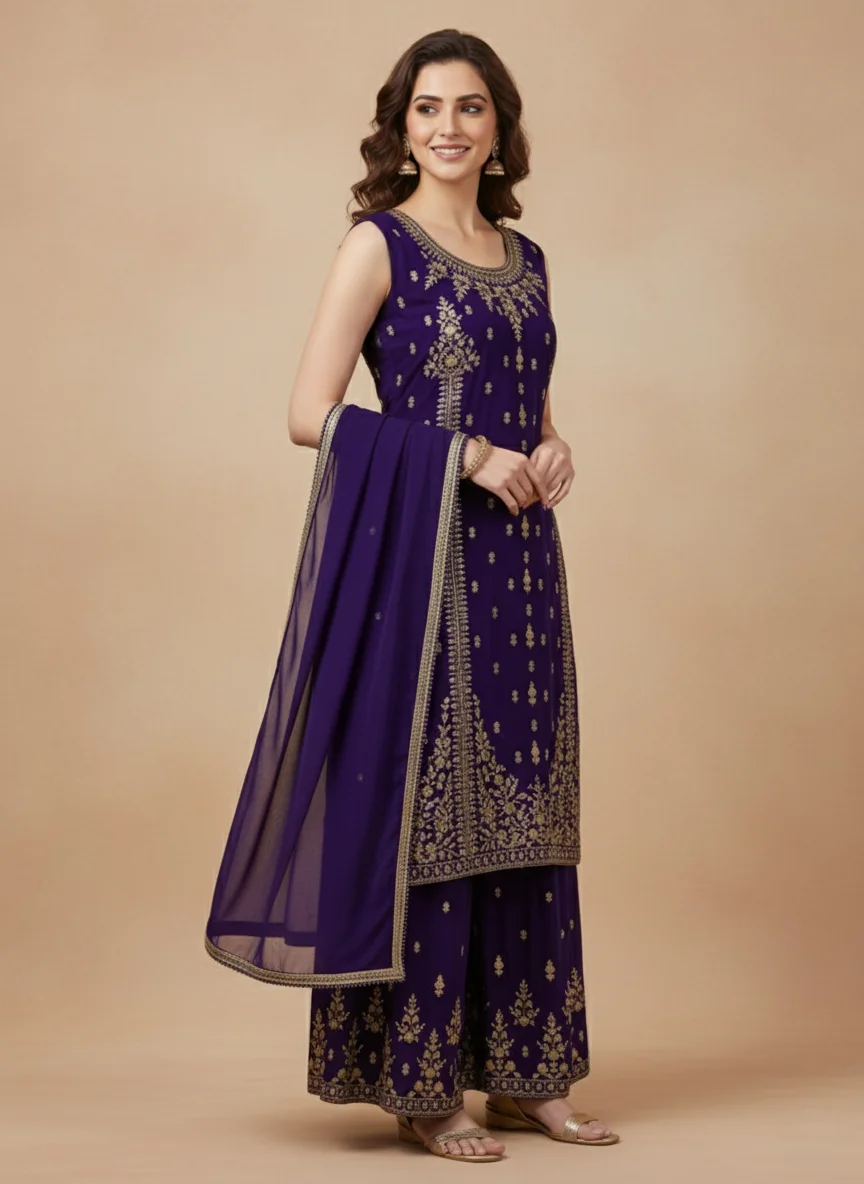 Second image of Art Silk Purple Kameez Sharara Set with Zari Work Dupatta