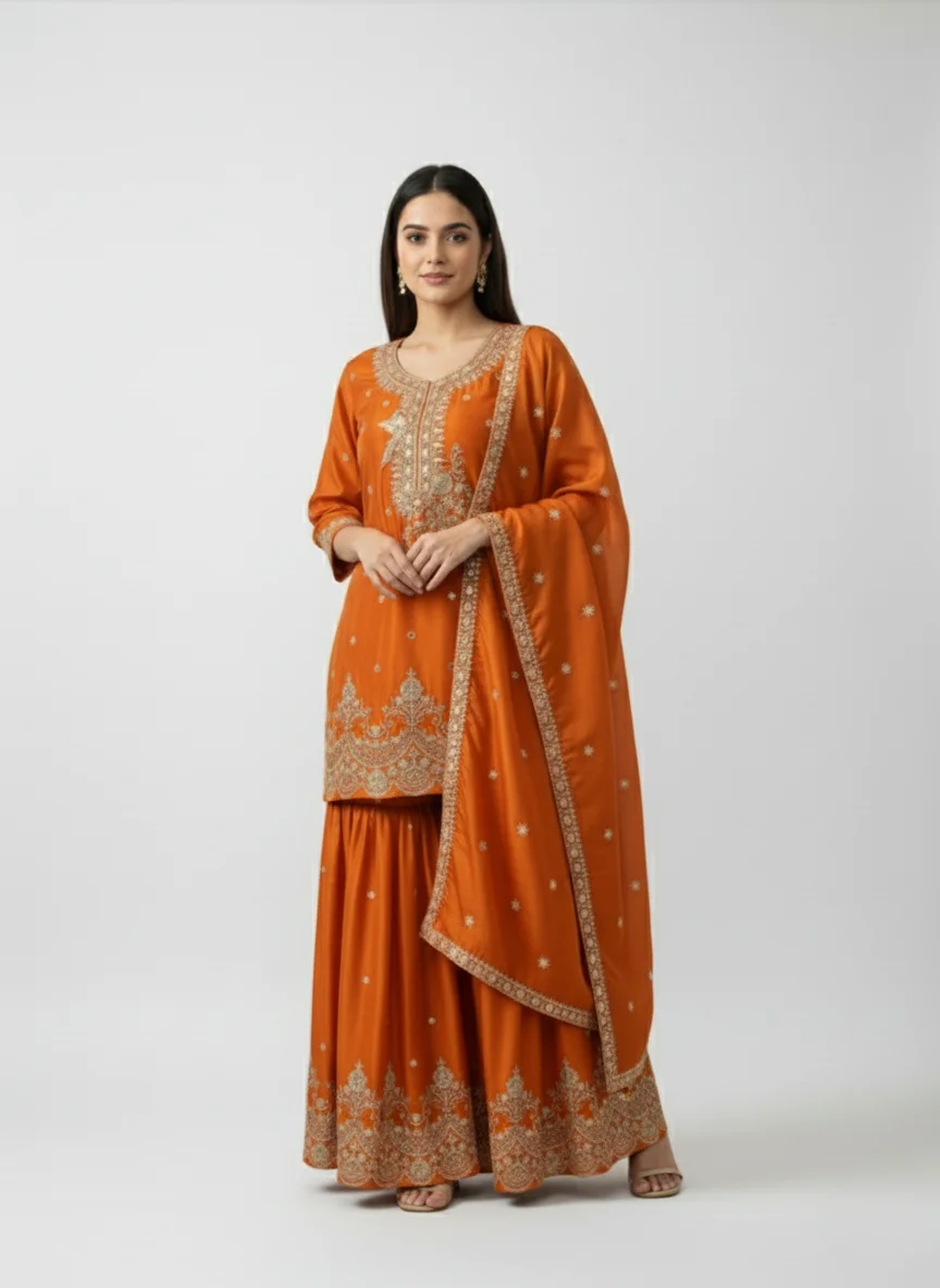 Second image of New Art Silk Short Kurta with Sharara & Dupatta Set