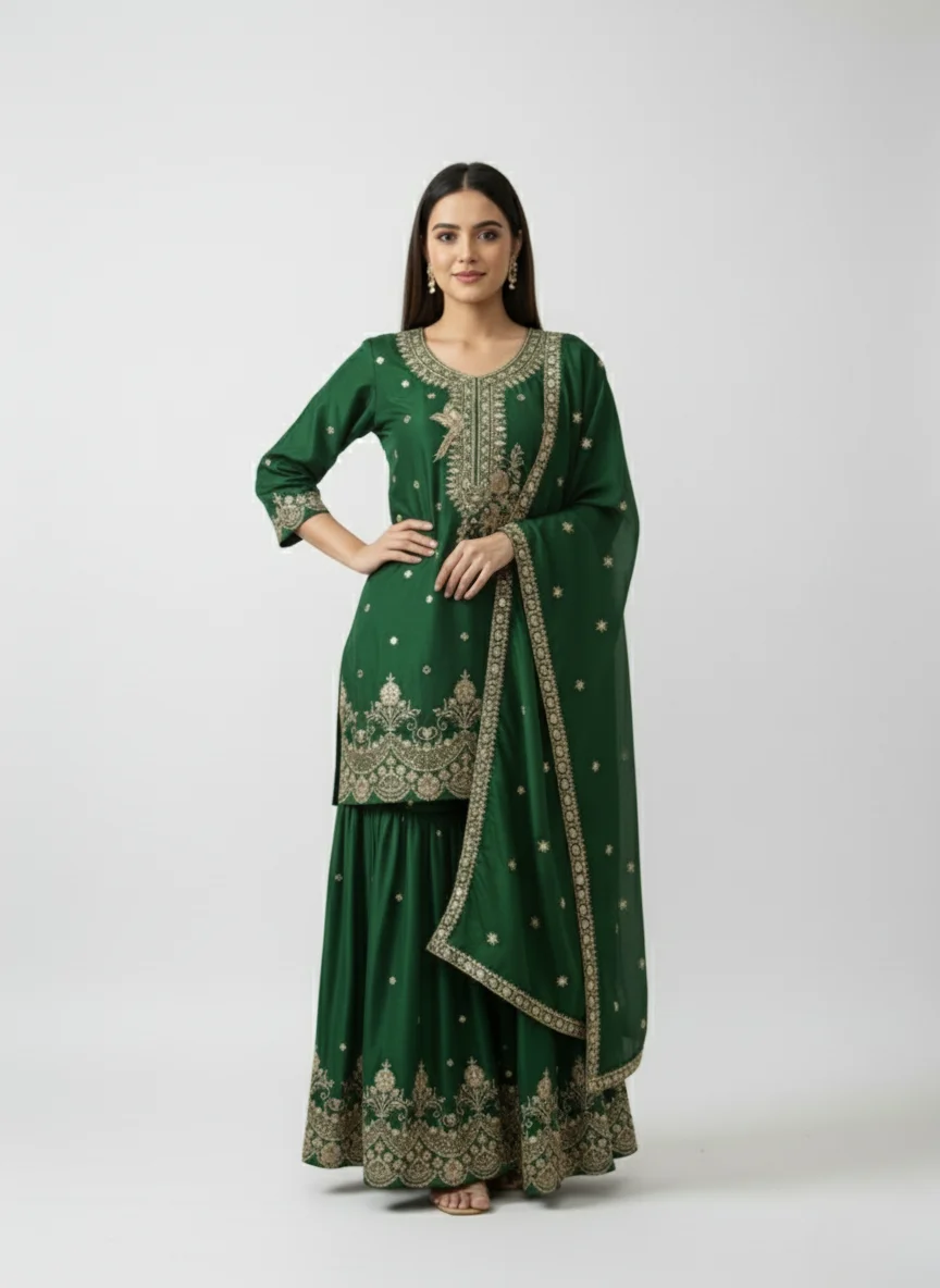 Second image of Art Silk Green Short Kurta with Sharara & Dupatta Set