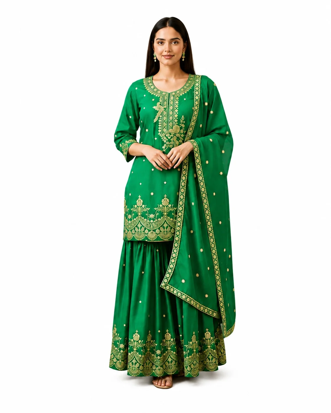 Second image of Art Silk Green Short Kurta with Sharara & Dupatta Set