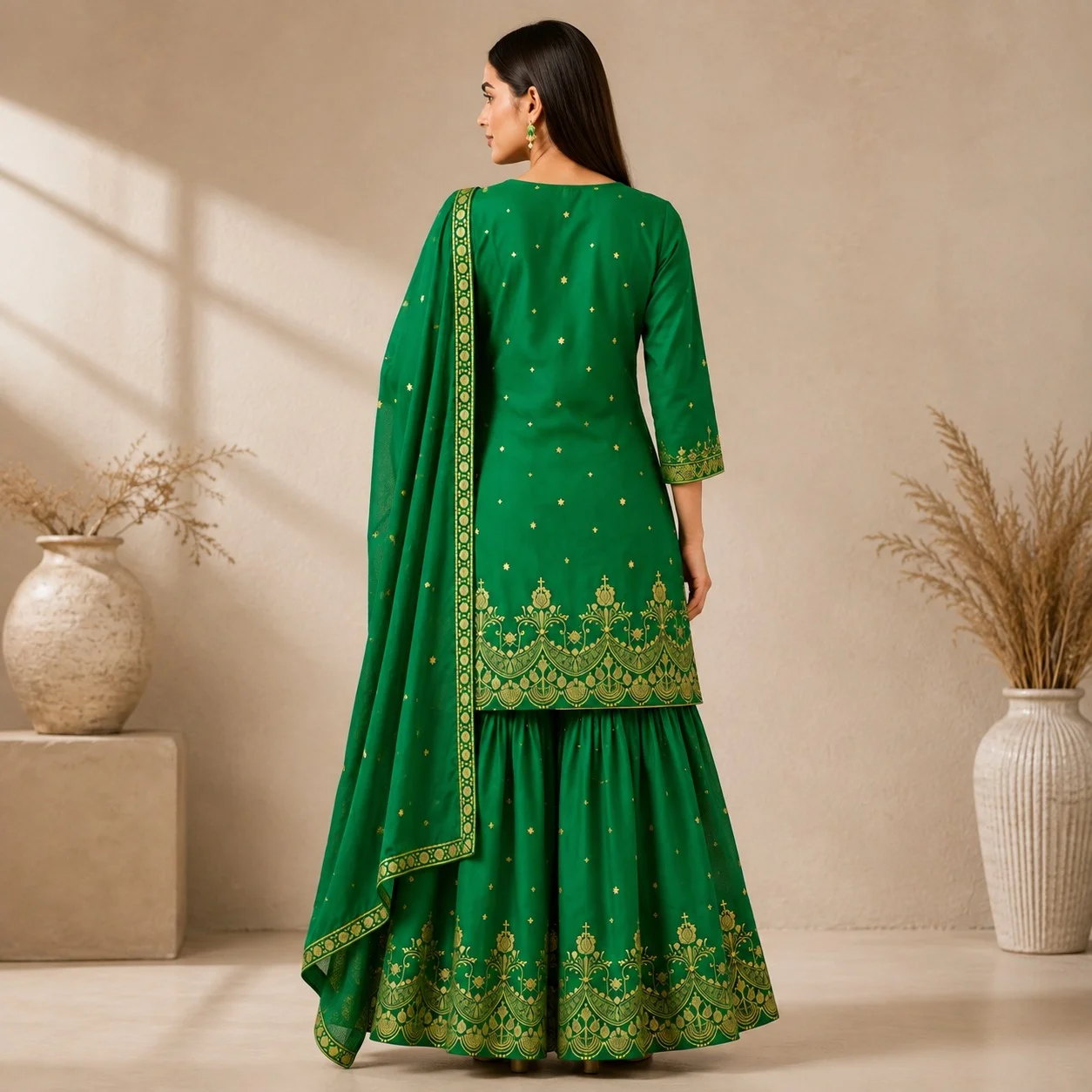 Second image of Art Silk Green Short Kurta with Sharara & Dupatta Set