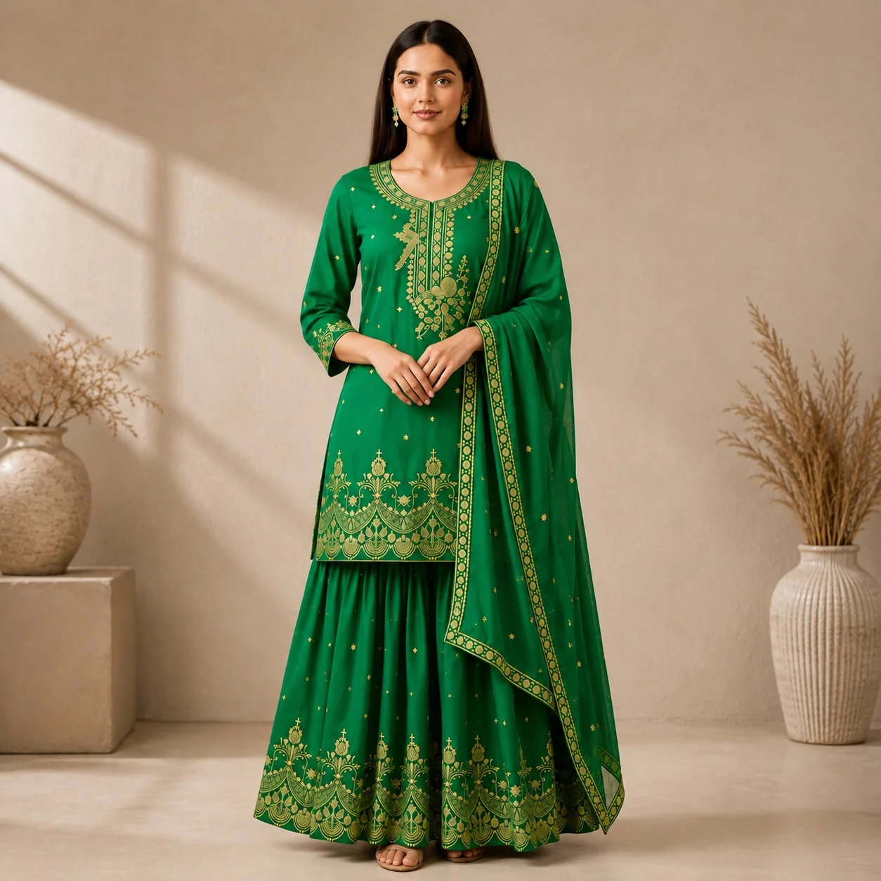 Art Silk Green Short Kurta with Sharara & Dupatta Set