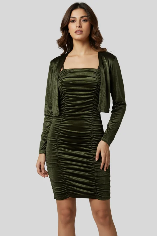 Second image of New Ruched Satin Bodycon Mini Dress with Shrug