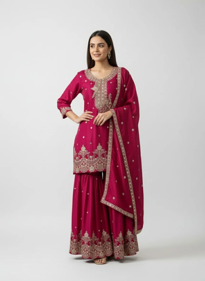 pink Embroidered Kurta Sharara Set with Dupatta for Women