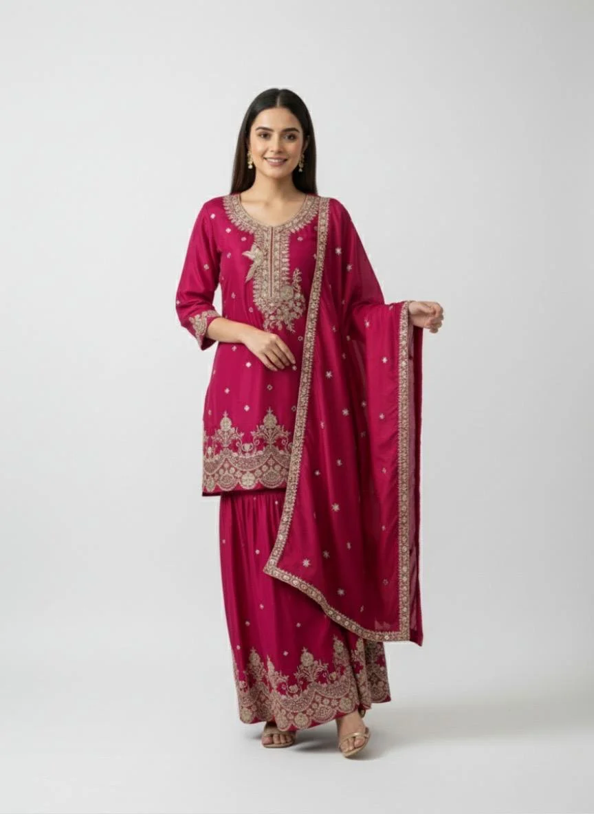 Pink Embroidered Kurta Sharara Set with Dupatta for Women | Festive & Party Wear