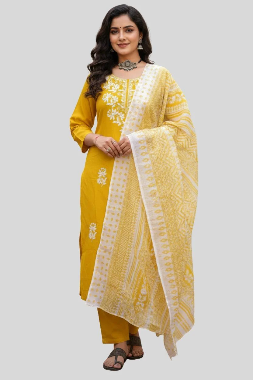 Mustard Yellow Printed Cotton Kurta Pant Set with Dupatta for Women