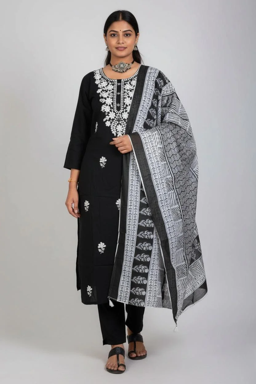 Second image of Cotton Rayon Kurta Pant Dupatta Set Free Short Kurti
