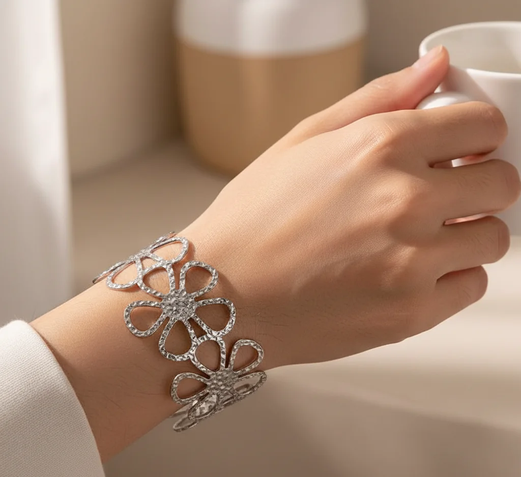 Second image of Retro Floral Silver Plated Bracelet Stainless Steel