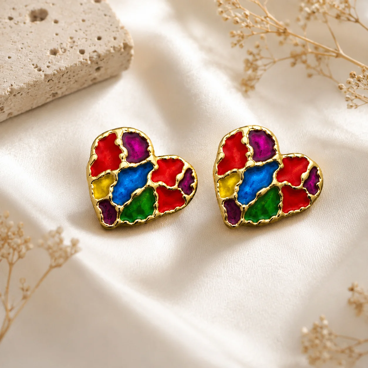 Colorful Heart Shape Stud Earrings for Women