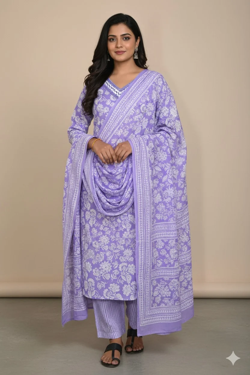 Second image of Printed Lavender Cotton Kurta Pant Set with FREE Short Kurti