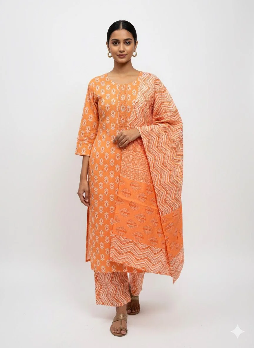Second image of Orange Printed Cotton Kurta Pant Set with FREE Short Kurti