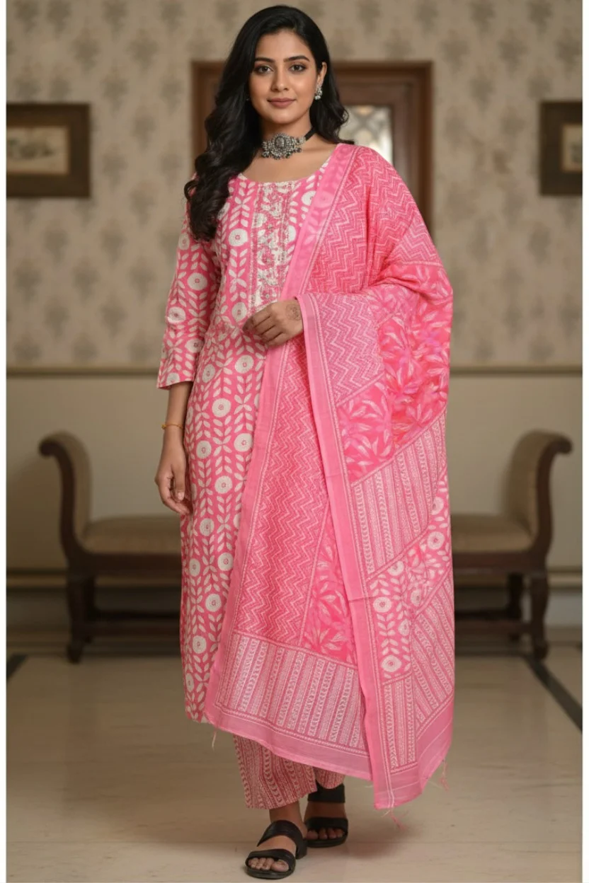 Printed Pink Cotton Kurta Pant Set with FREE Short Kurti
