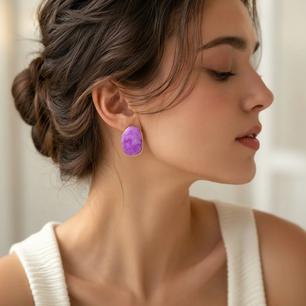 Second image of Purple Oval Statement Stud Earrings