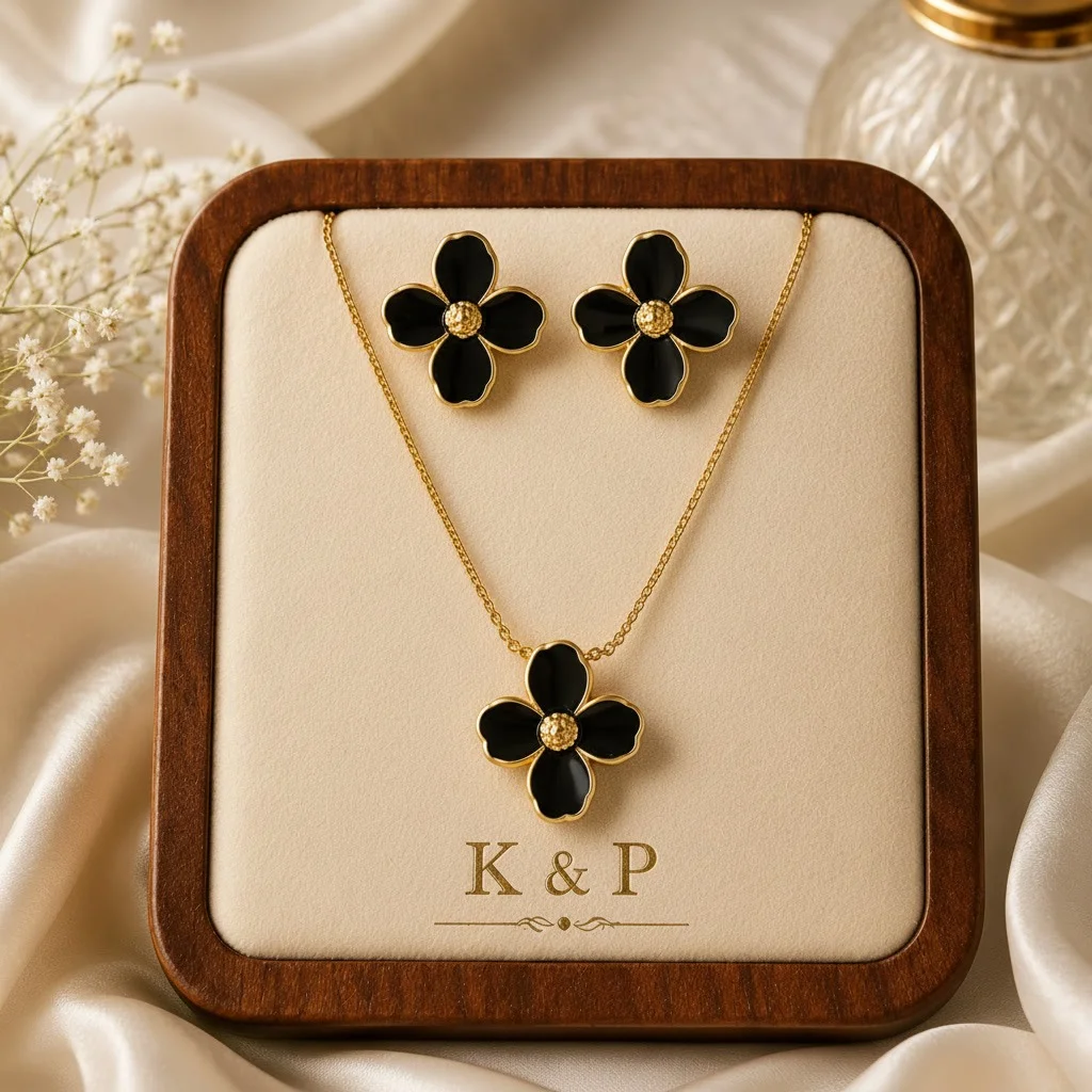 Black Floral Pendant Necklace & Stud Earrings Set