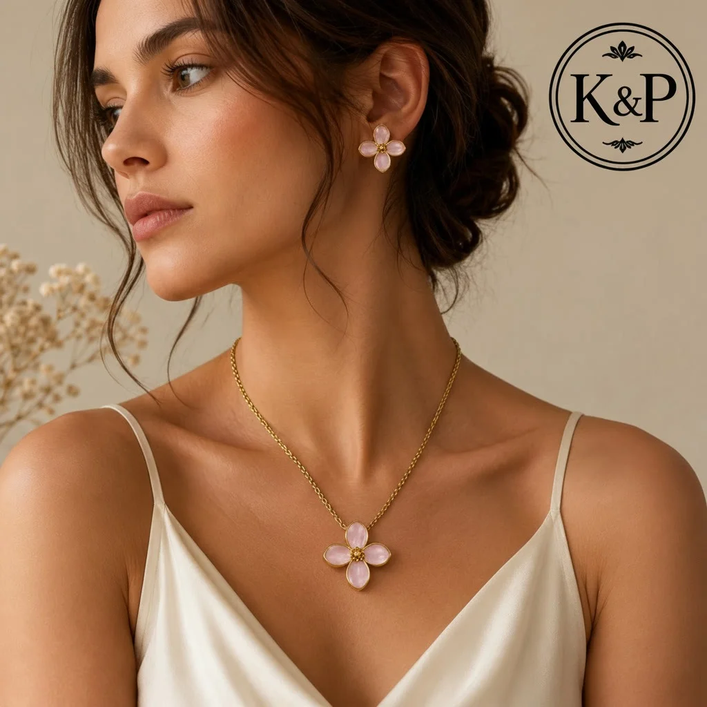 Second image of Pink Floral Pendant Necklace & Stud Earrings Set