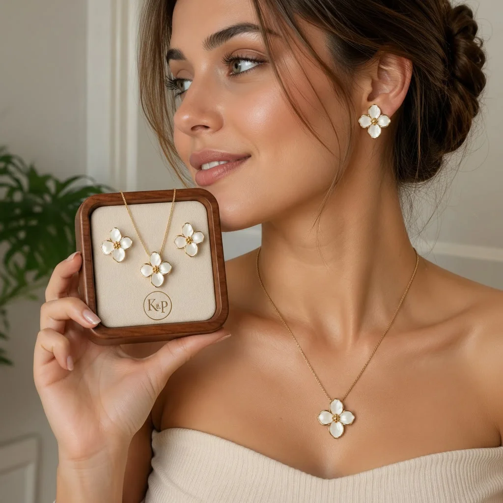 Second image of White Floral Pendant Necklace & Stud Earrings Set