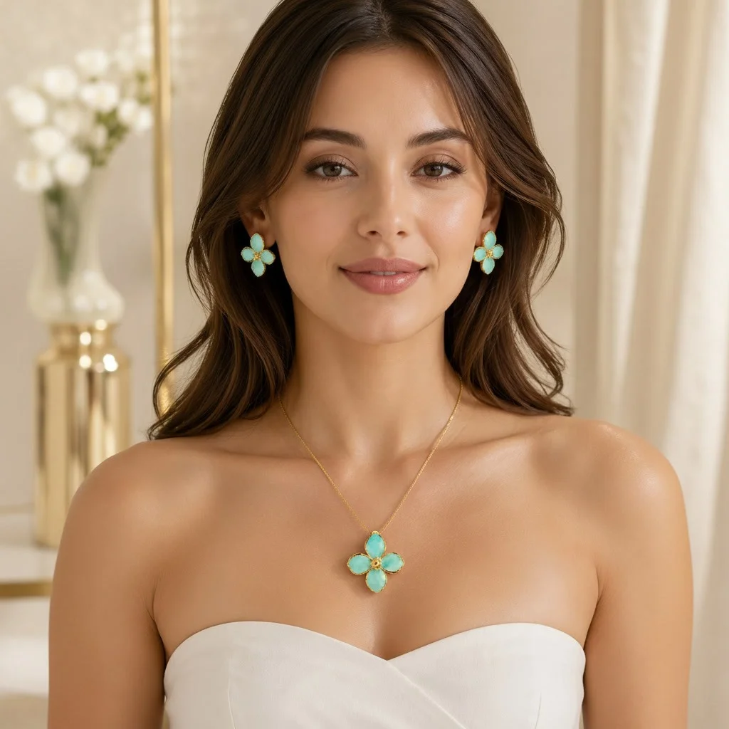 Second image of Turquoise Blue Floral Pendant Necklace & Stud Earrings Set