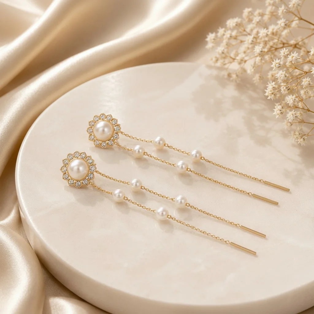 Second image of Elegant Pearl & Crystal Long Tassel Drop Earrings