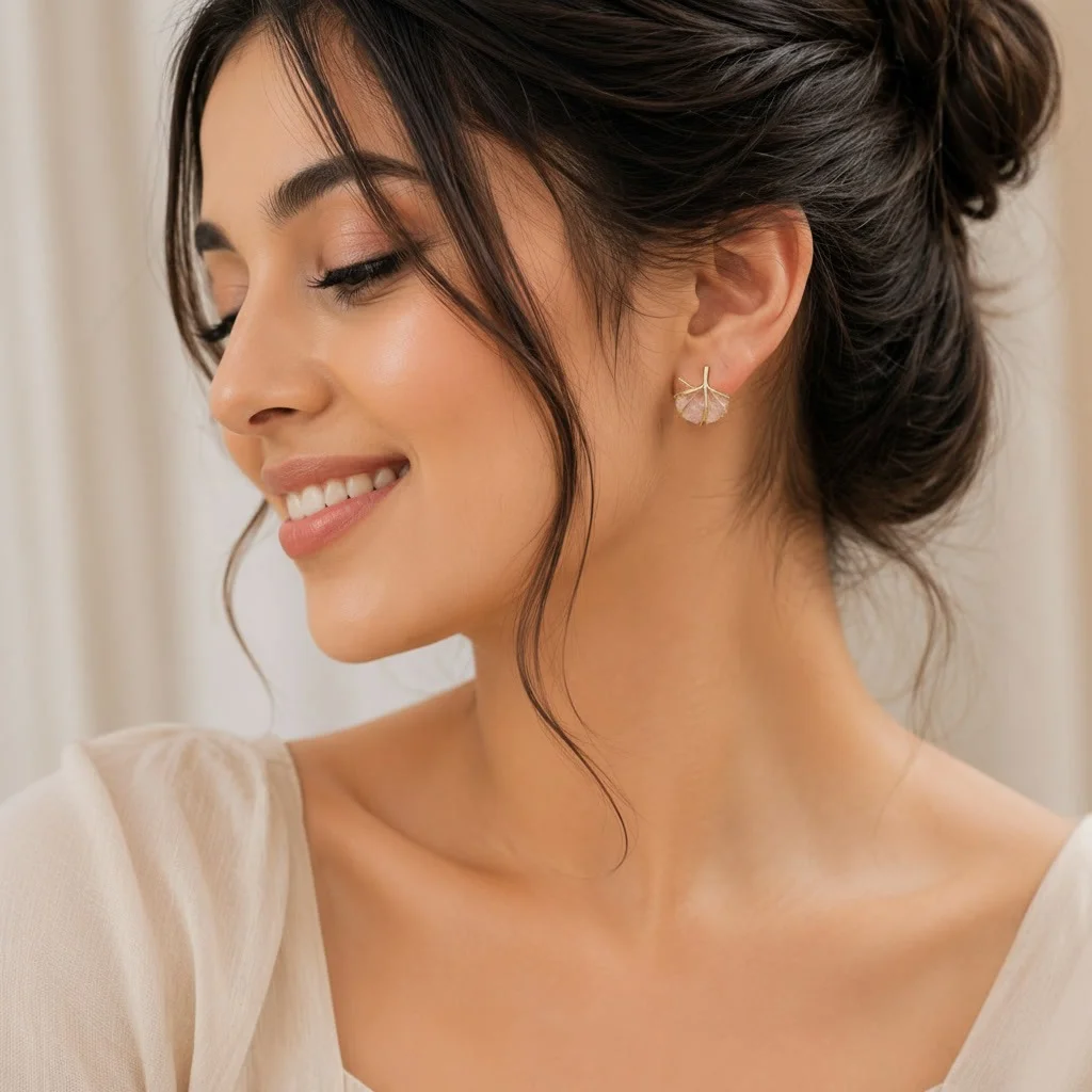Second image of Elegant Pink Crystal Floral Stud Earrings for Women