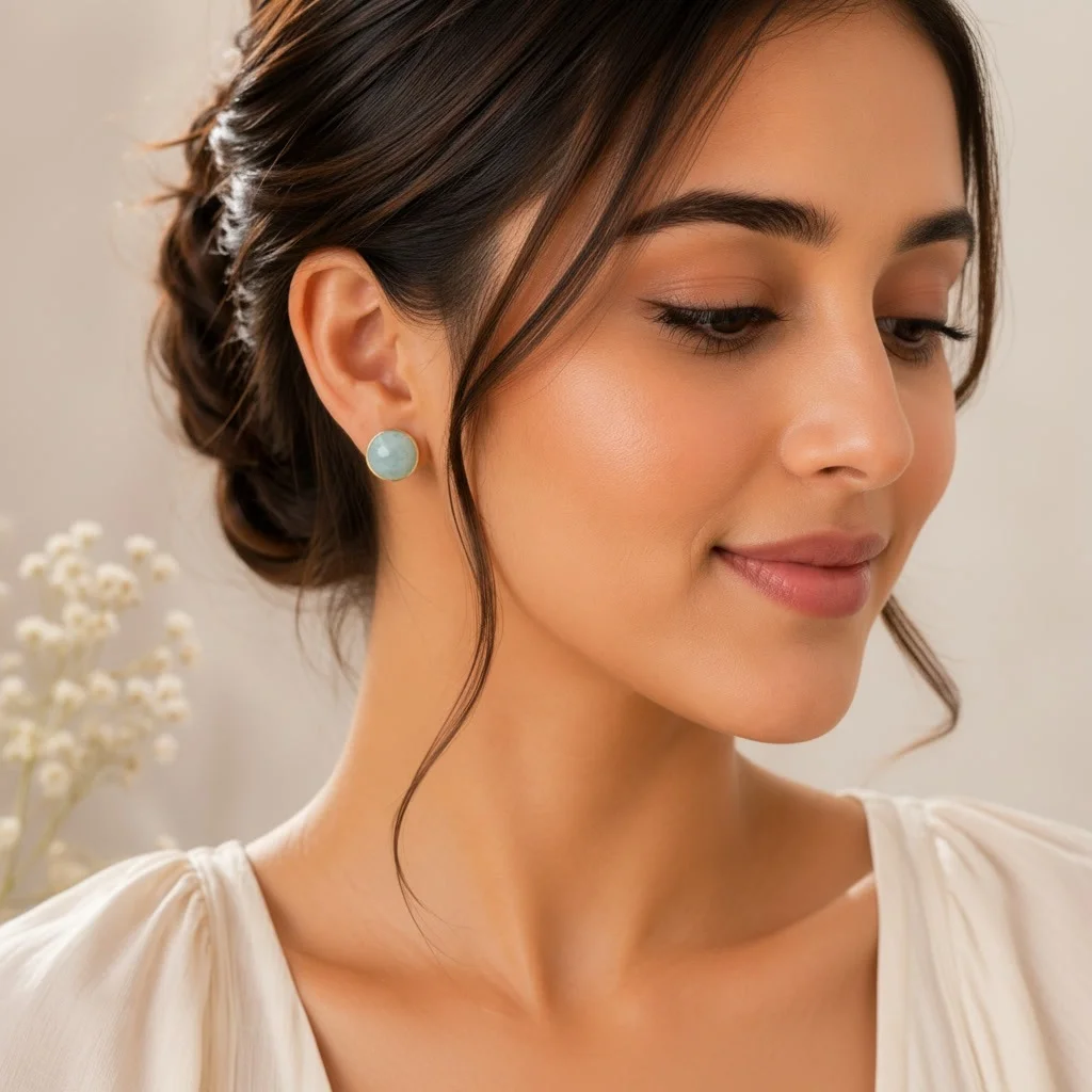 Second image of Minimalist Sky Blue Stone Round Stud Earrings