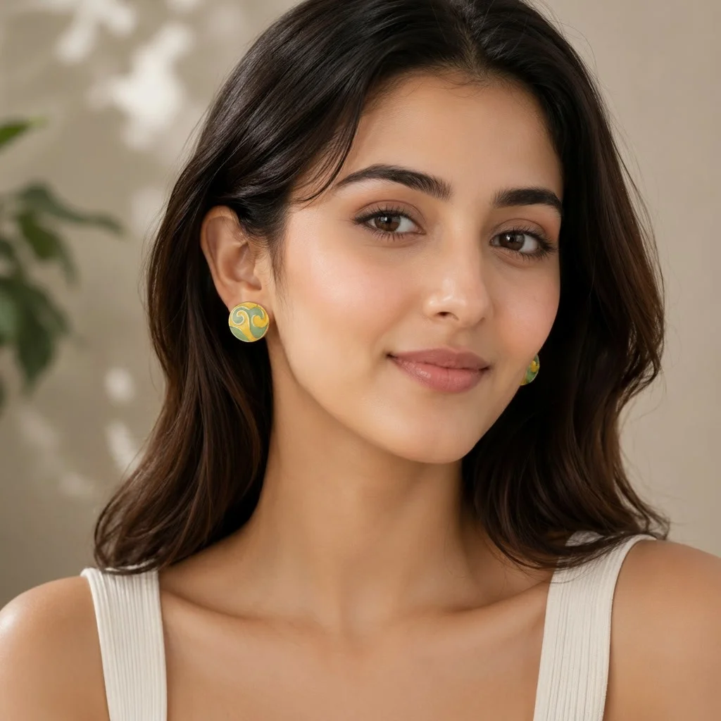 Second image of Yellow & Green Enamel Round Stud Earrings