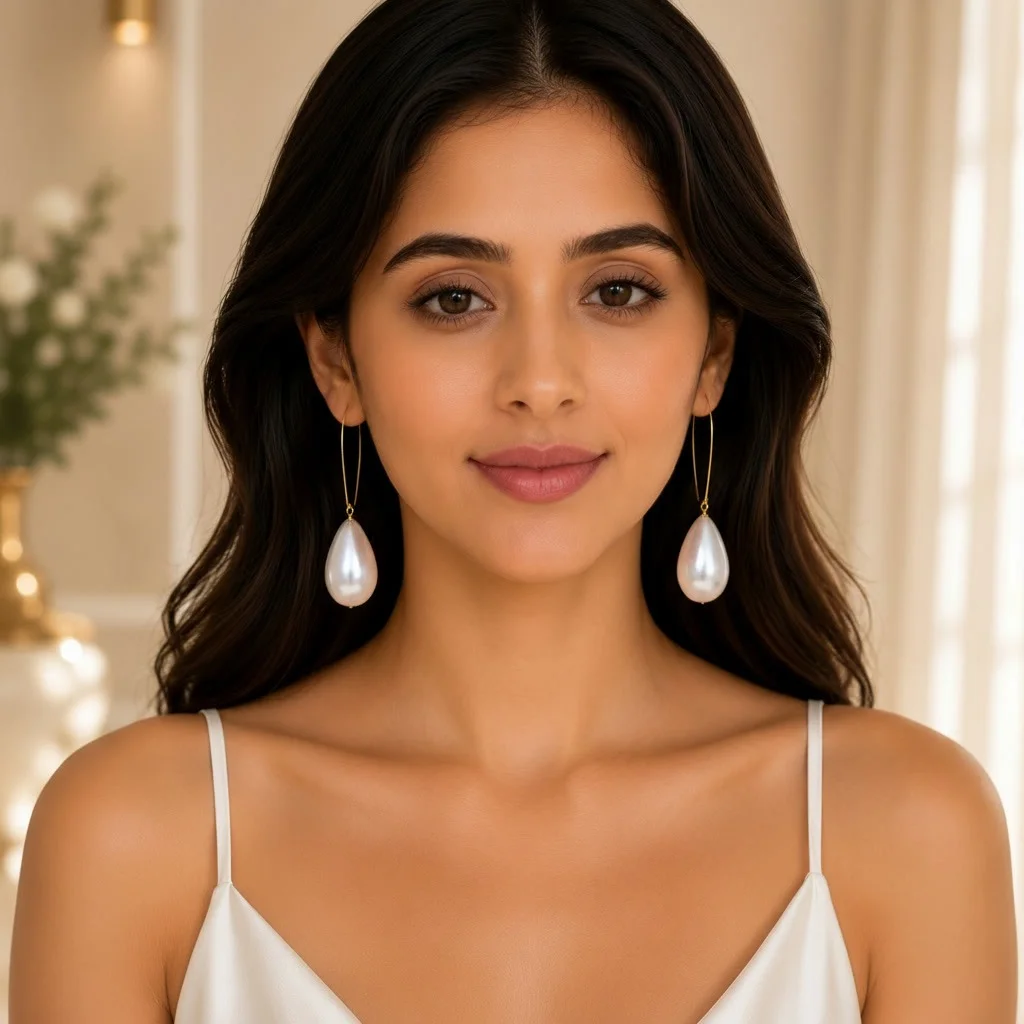 Second image of Elegant Cream Pearl Drop Threader Earrings – Gold Finish