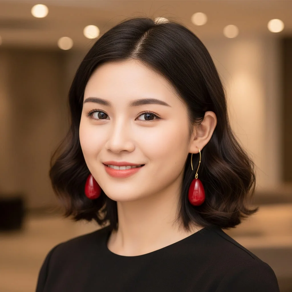 Second image of Elegant Red Pearl Drop Threader Earrings – Gold Finish