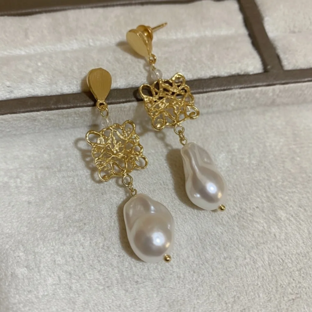 K&P Gold-Plated Baroque Pearl Drop Earrings