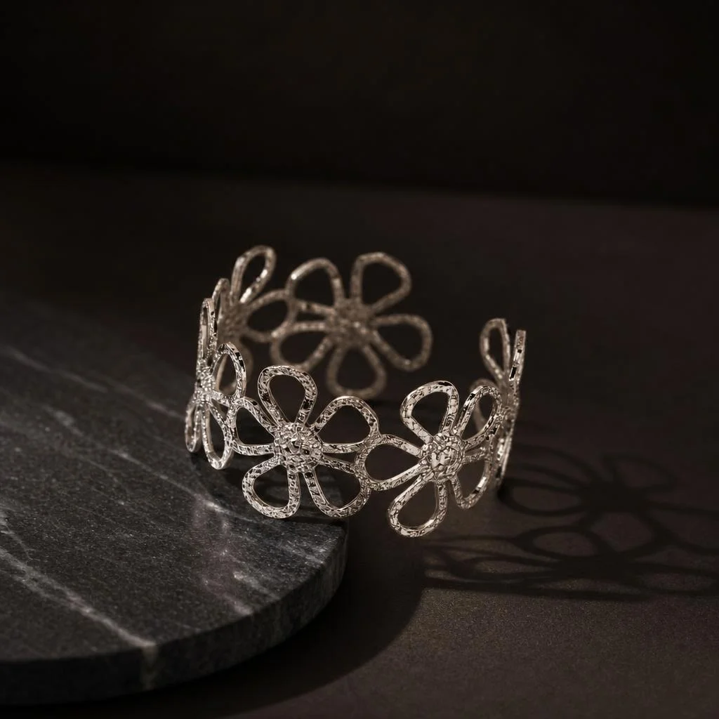 Silver Floral Gold-Plated Open Cuff Bracelet