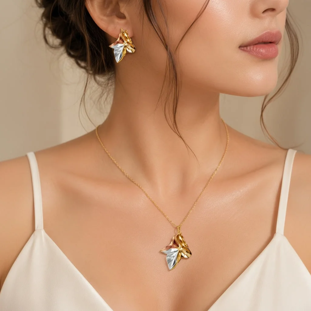 Second image of Crystal Leaf Pendant Necklace & Stud Earrings Set
