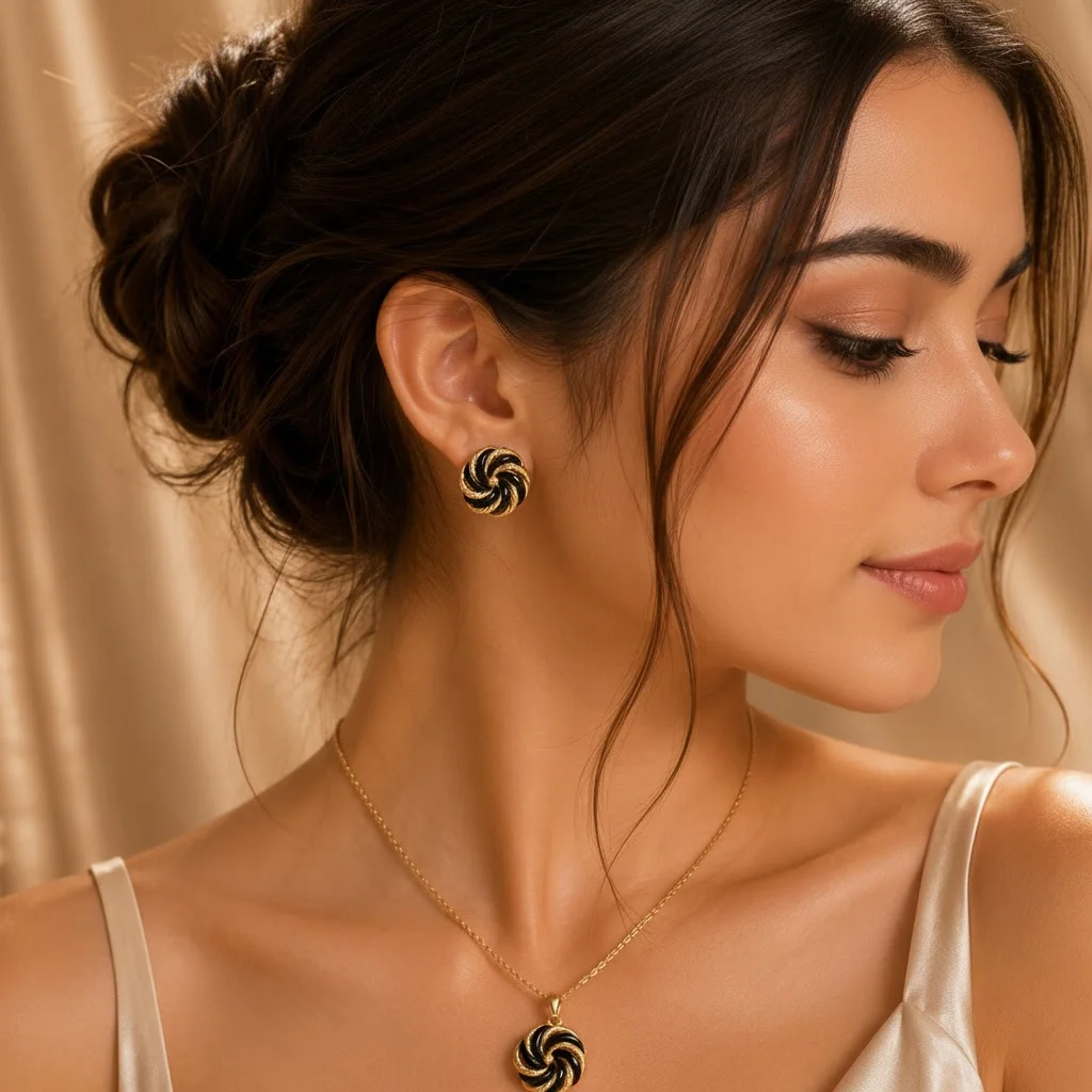 Second image of Gold-Plated Black Enamel Pendant & Stud Earrings Set