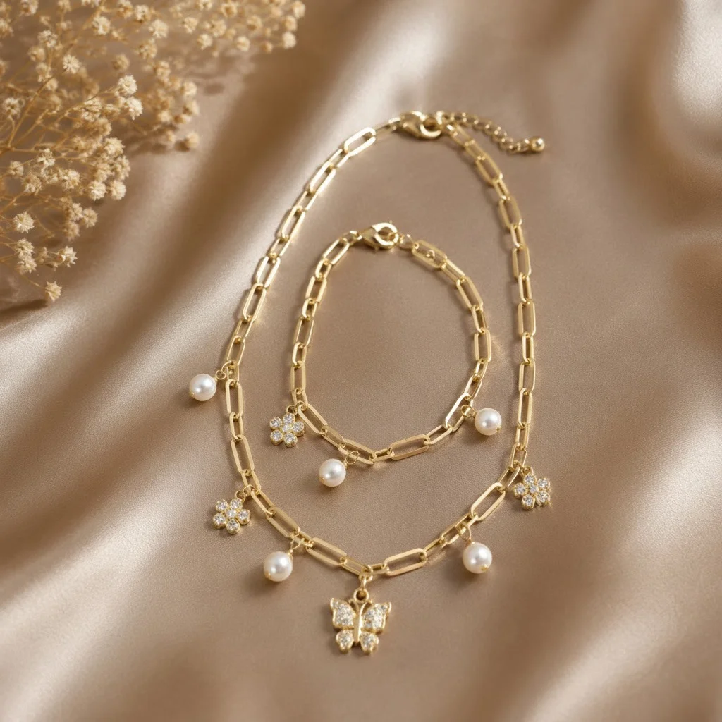Gold-Plated Butterfly & Pearl Charm Jewelry Set