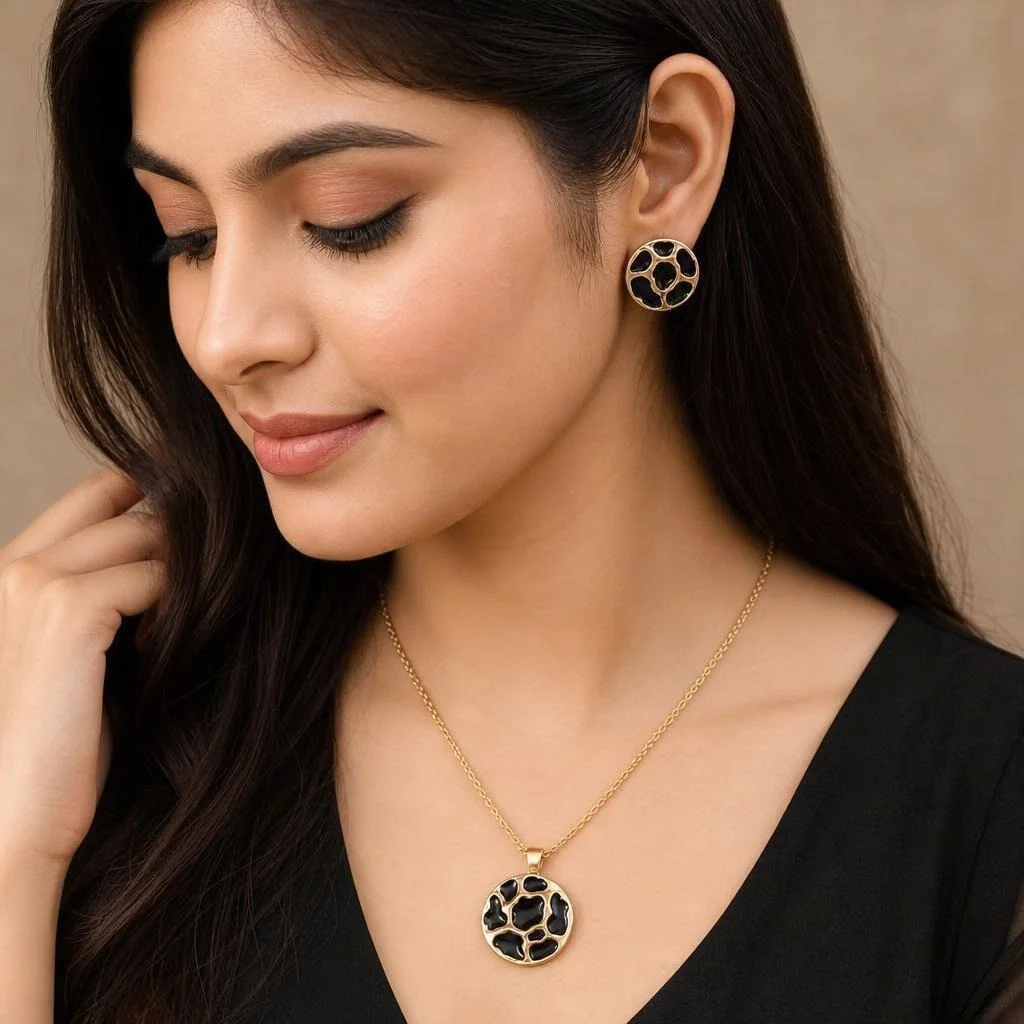 Second image of Modern Black Enamel Pendant & Earrings Set