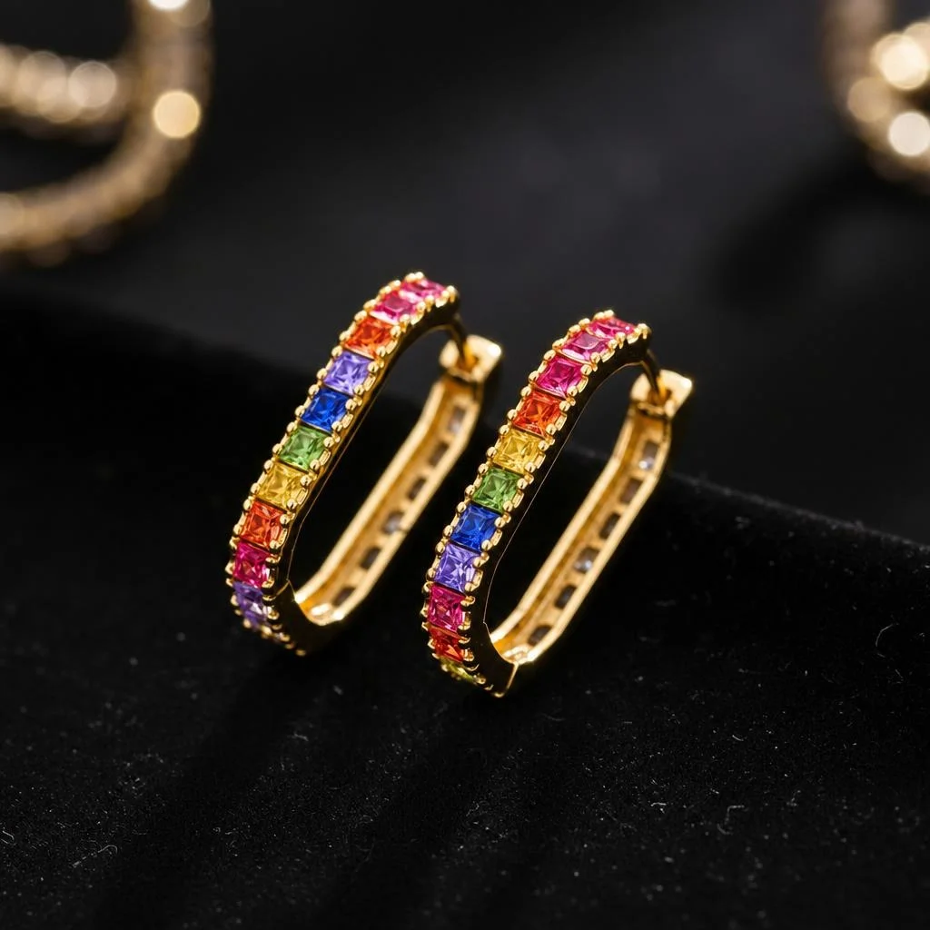 Rainbow Crystal Gold Hoop Earrings